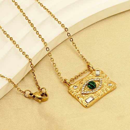INS Style Casual Devil'S Eye Stainless Steel  Plating Inlay Malachite Rhinestones 18K Gold Plated Pendant Necklace