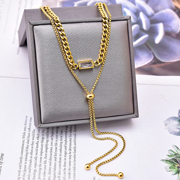 Moda borla retângulo aço inoxidável banhado a ouro strass colares em camadas 1 peça