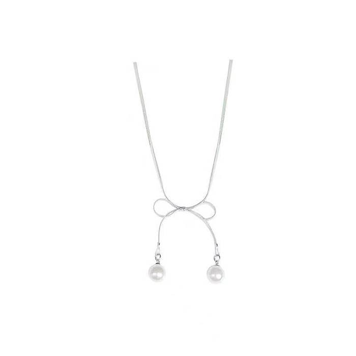 Fashion Stainless Steel Bow Pearl Pendant Geometric Necklace