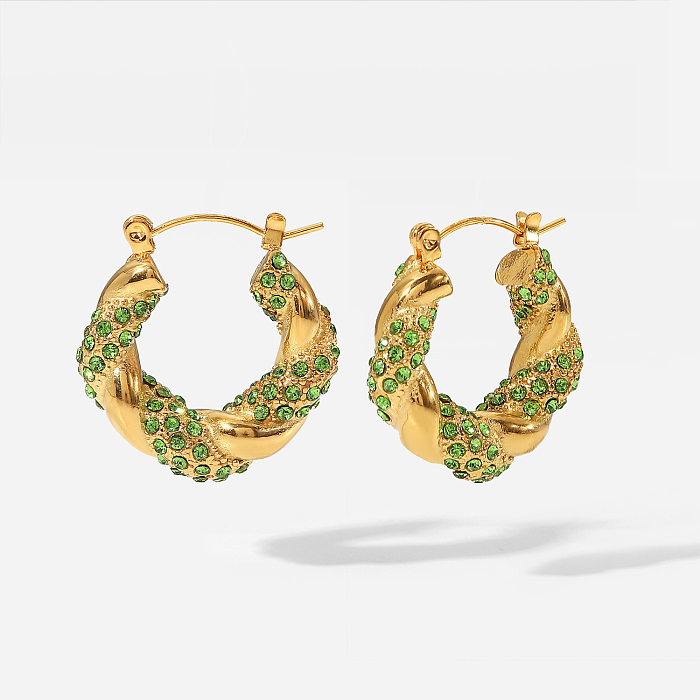 Fashion New Green Zircon Inlaid 18K Gold Twist Stainless Steel  Earrings