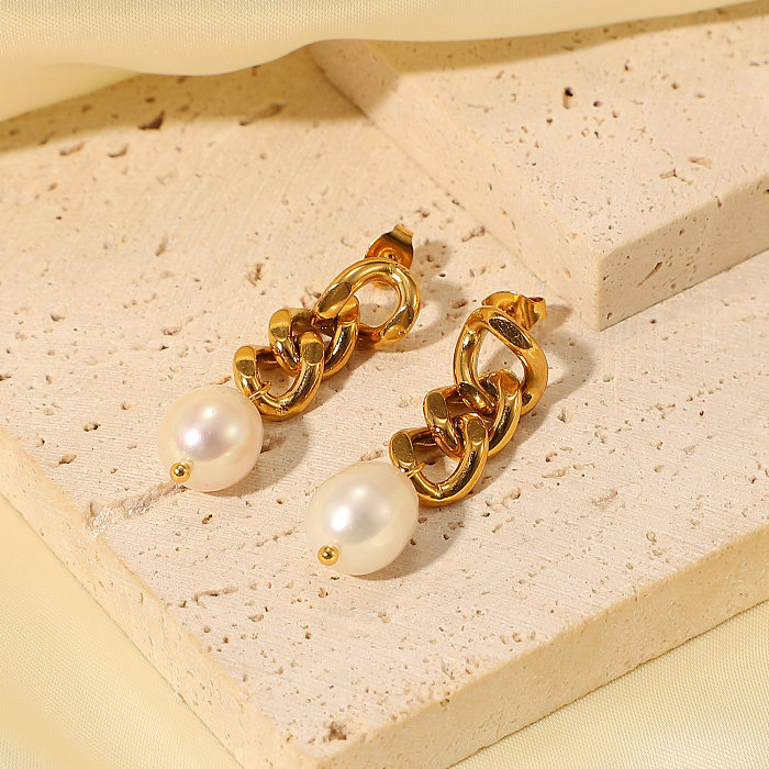 Nouveau Boucles d'oreilles géométriques en acier inoxydable plaqué or 18K avec perles baroques