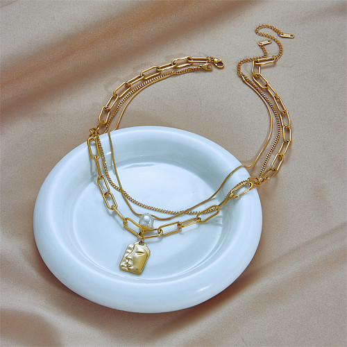 Schlichter Stil, mehrschichtige Halsketten mit menschlichem Gesicht, Edelstahl, perlvergoldet, 1 Stück
