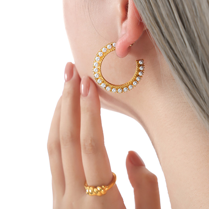 1 Pair Lady Baroque Style Geometric Plating Inlay Stainless Steel Artificial Pearls 18K Gold Plated Ear Studs