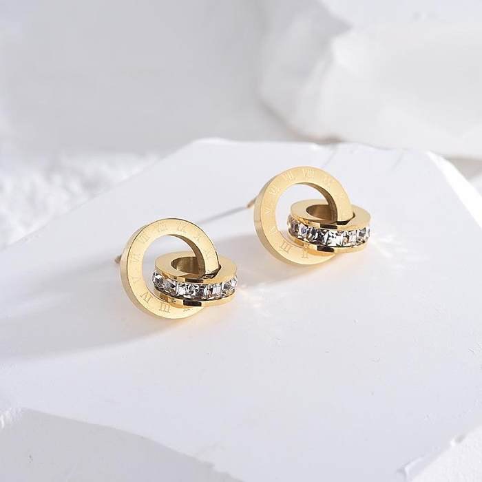 1 Pair Simple Style Circle Number Stainless Steel Plating Inlay Rhinestones 18K Gold Plated Ear Studs