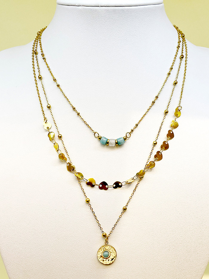 Retro Simple Style Round Heart Shape Stainless Steel  Beaded Plating Inlay Zircon Gold Plated Layered Necklaces