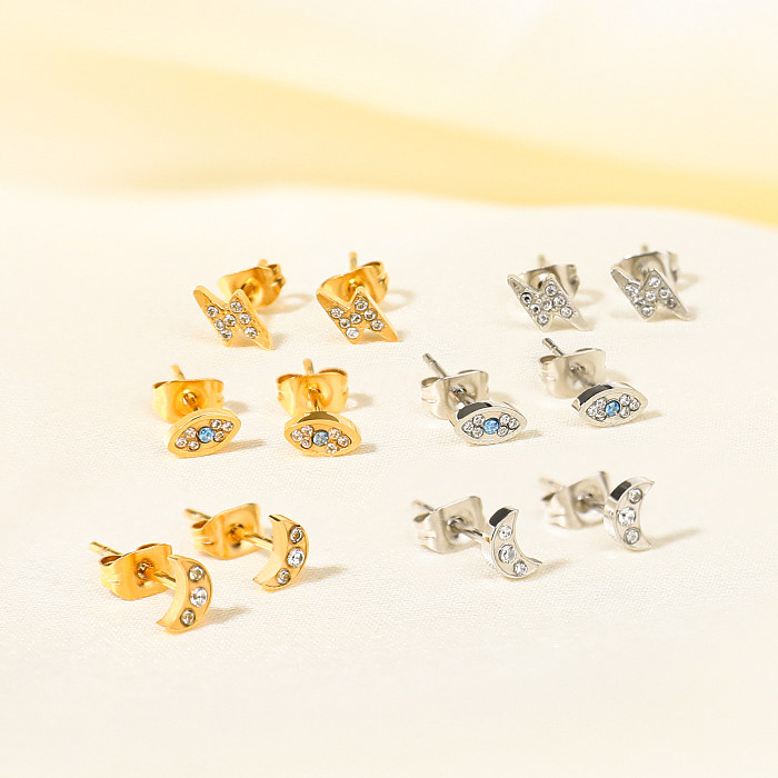 1 Pair Simple Style Classic Style Moon Eye Lightning Plating Inlay Stainless Steel  Zircon Gold Plated Ear Studs