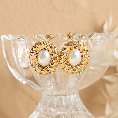 1 Paar elegante, luxuriöse, ovale Ohrstecker im Barockstil mit Inlay aus Edelstahl, künstlichen Perlen und Strasssteinen, 18 Karat vergoldet