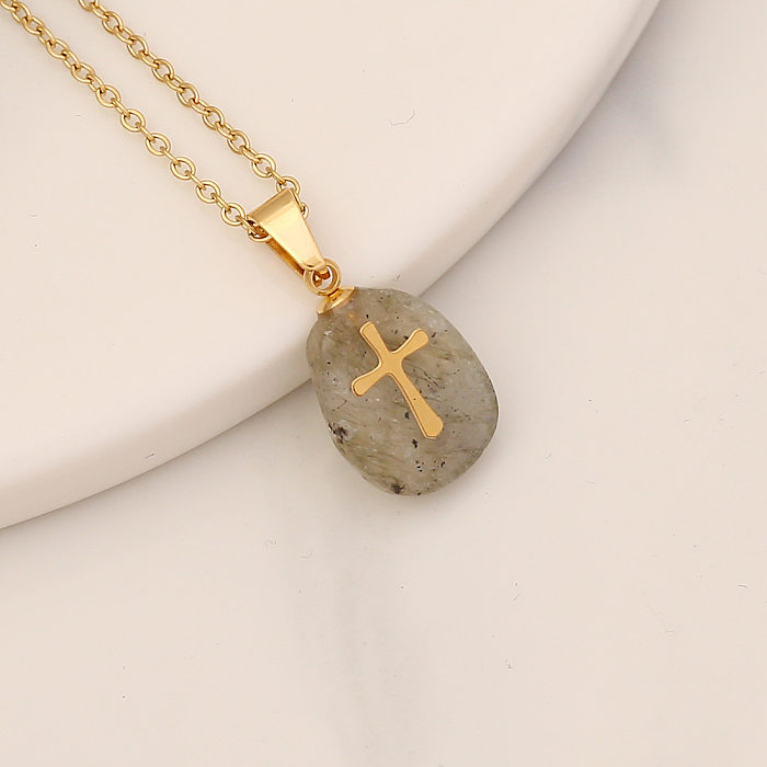 Collier pendentif rétro croix en acier inoxydable, pierre naturelle Turquoise, 1 pièce