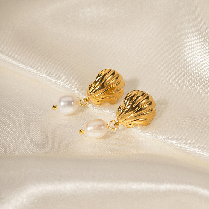 Pendientes colgantes chapados en oro de 1K, 18 par, estilo INS, concha de calle, acero inoxidable, chapado en perlas de agua dulce