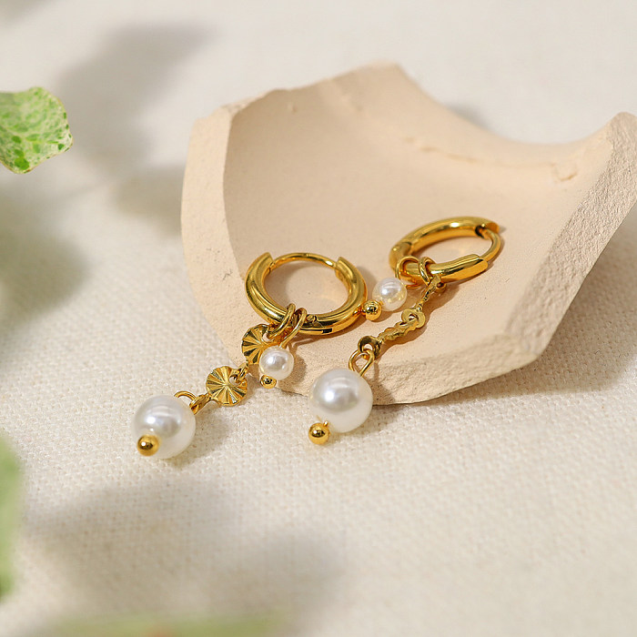 1 paire de boucles d'oreilles pendantes plaquées or 18 carats, Style IG Simple, placage de perles rondes en acier inoxydable