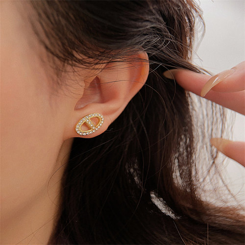 1 paire de clous d'oreilles plaqués or 18 carats, incrustation ovale brillante de Style IG, en acier inoxydable et Zircon