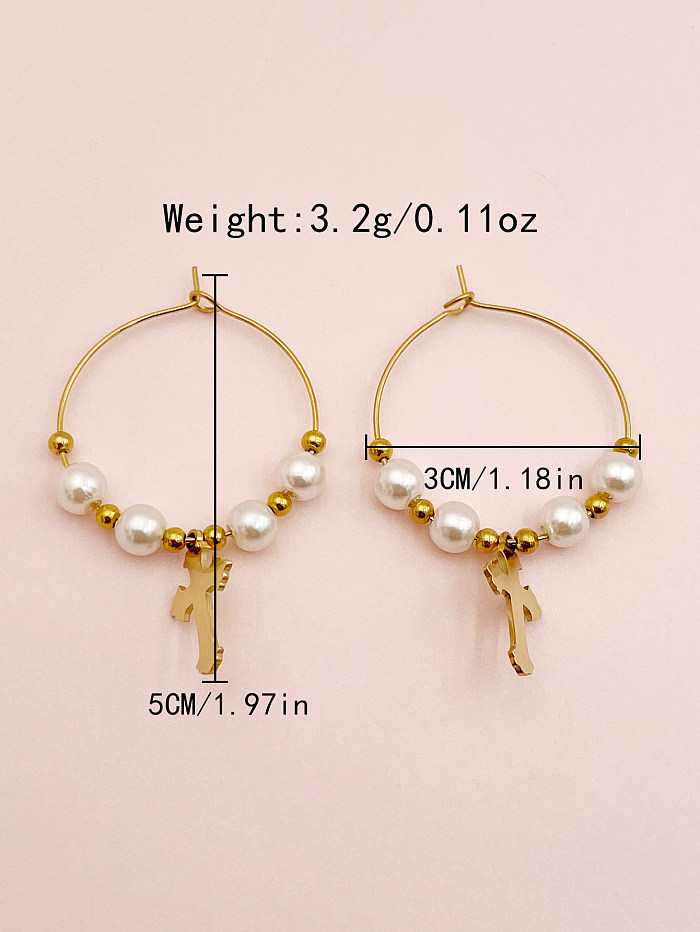 1 Paar vergoldete Ohrringe mit kreuzvergoldetem Inlay aus Edelstahl und künstlichen Perlen im IG-Stil