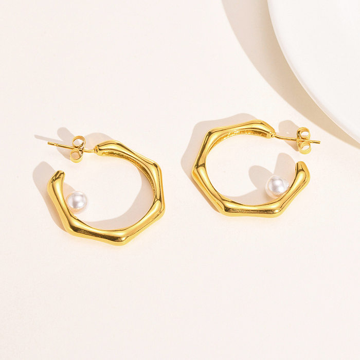 1 par de pendientes de perlas de imitación de acero inoxidable chapados en forma de C para mujer