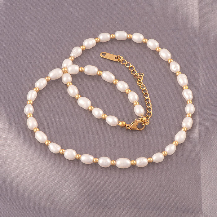 Lady Solid Color Freshwater Pearl Stainless Steel Beaded Plating Necklace