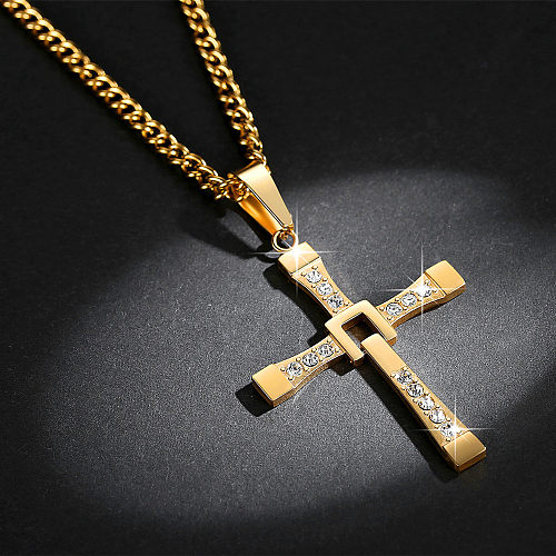 Simple Style Cross Stainless Steel  Inlay Zircon Pendant Necklace