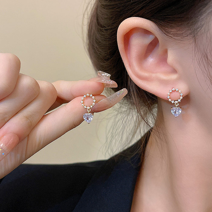1 paire de boucles d'oreilles en forme de cœur, Style Simple et doux, incrustation de perles en acier inoxydable et Zircon