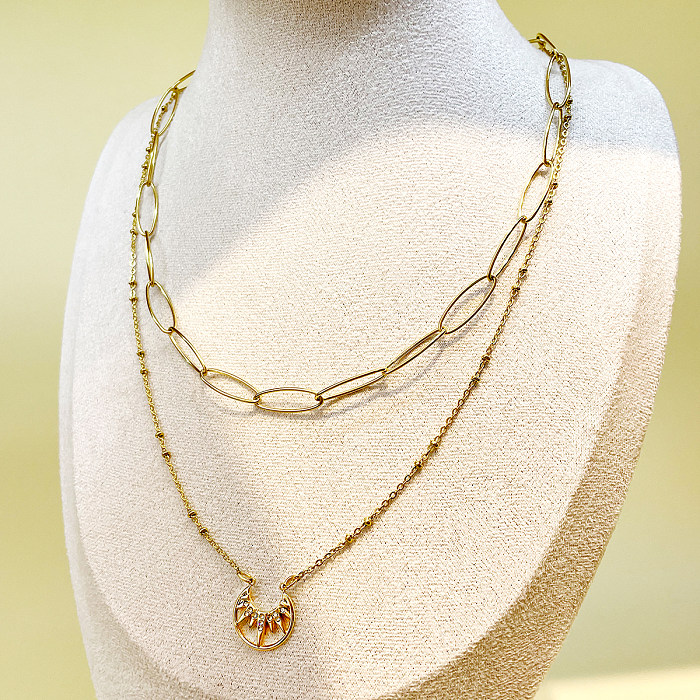 Férias estilo romano lua chapeamento de aço inoxidável strass embutidos colares em camadas banhados a ouro 14K