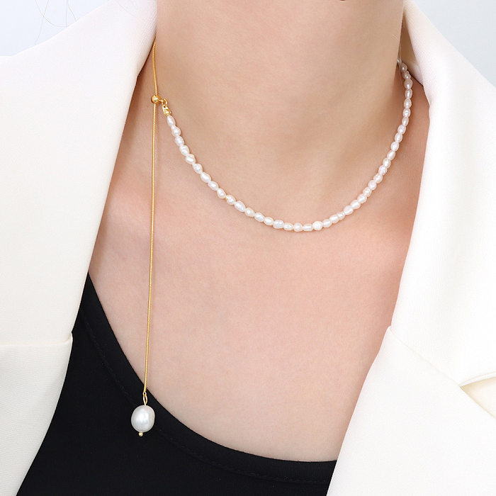 Retro Stainless Steel Plated 18k Gold Freshwater Pearl Necklace Pull Buckle Necklace