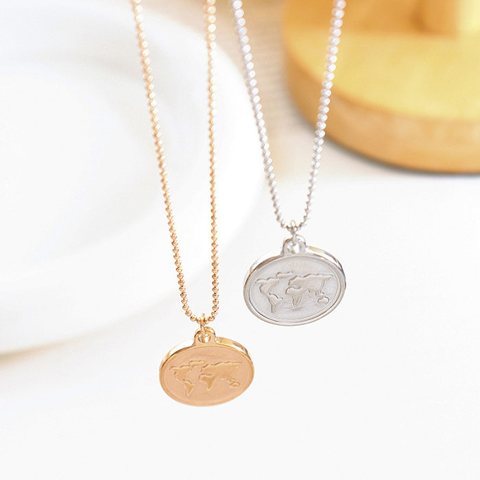 Retro Round Map Stainless Steel Plating Pendant Necklace