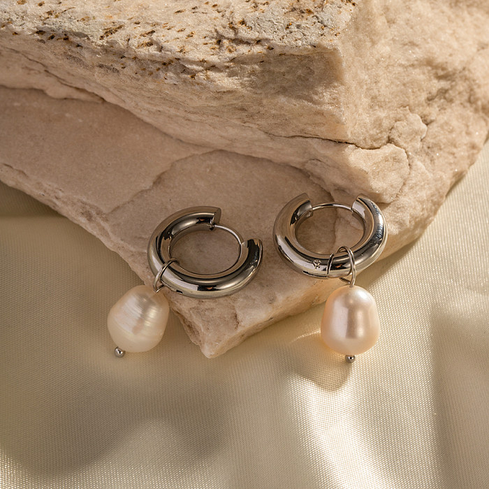 Boucles d'oreilles rondes en acier inoxydable, 1 paire, Style INS, incrustation de perles plaquées or blanc
