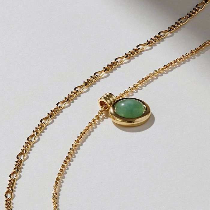 Collier pendentif rond en acier inoxydable, Style Simple rétro, incrustation de pierre naturelle plaquée or 18 carats