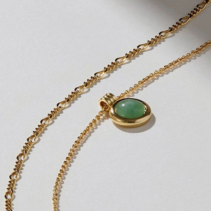 Retro Simple Style Round Stainless Steel  Plating Inlay Natural Stone 18K Gold Plated Pendant Necklace