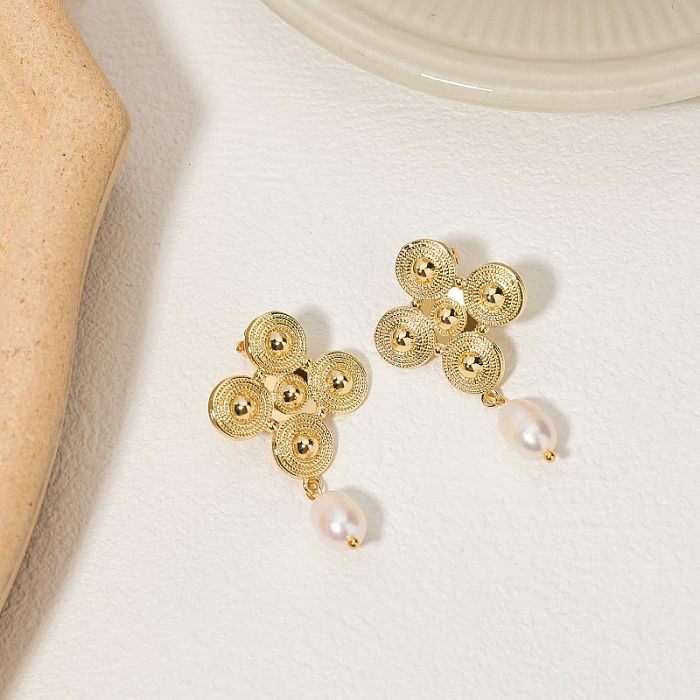 Boucles d'oreilles pendantes pour femmes, 1 paire, incrustation de pampilles croisées en acier inoxydable, cuivre, perles artificielles plaquées or