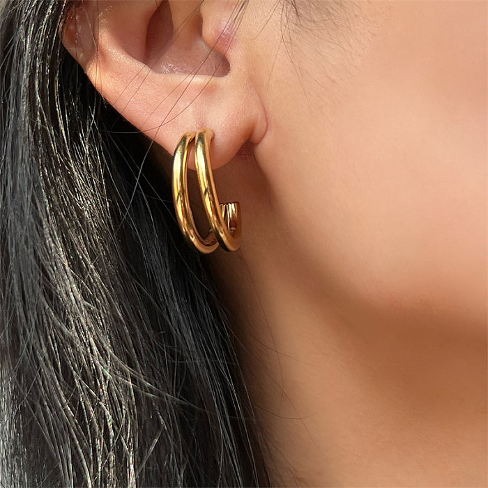 1 paire de clous d'oreilles rétro en forme de C, Style Simple, plaqué rond, en acier inoxydable, plaqué or 18 carats