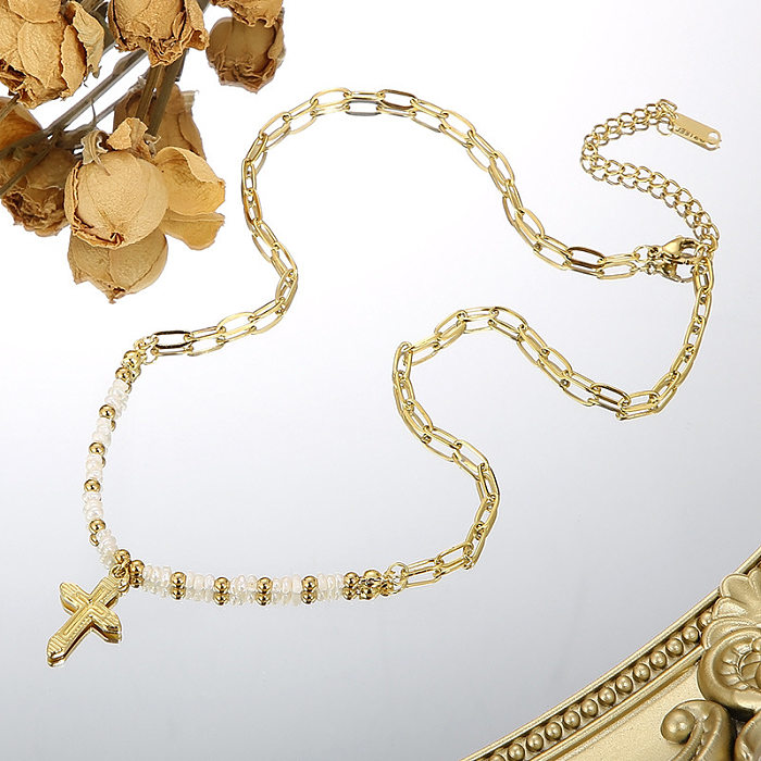 Modische geometrische Edelstahl-Halskette mit künstlichen Perlen, Edelstahl-Halsketten