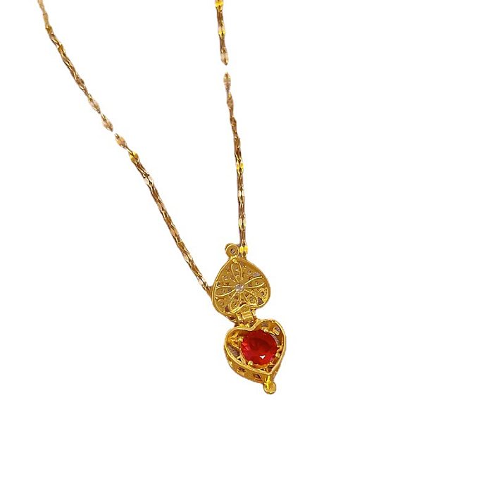 Retro Heart Shape Stainless Steel Copper Inlay Zircon Pendant Necklace
