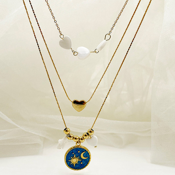 IG Style Simple Style Sun Moon Heart Shape Stainless Steel  Enamel Plating Gold Plated Three Layer Necklace