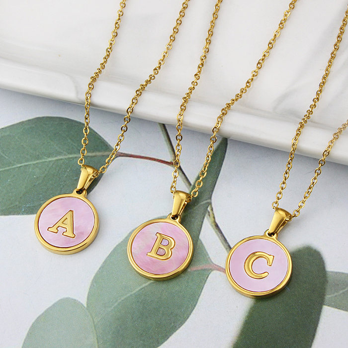 Wholesale Jewelry Simple Round Pink Shell 26 Letter Pendant Stainless Steel  Necklace jewelry
