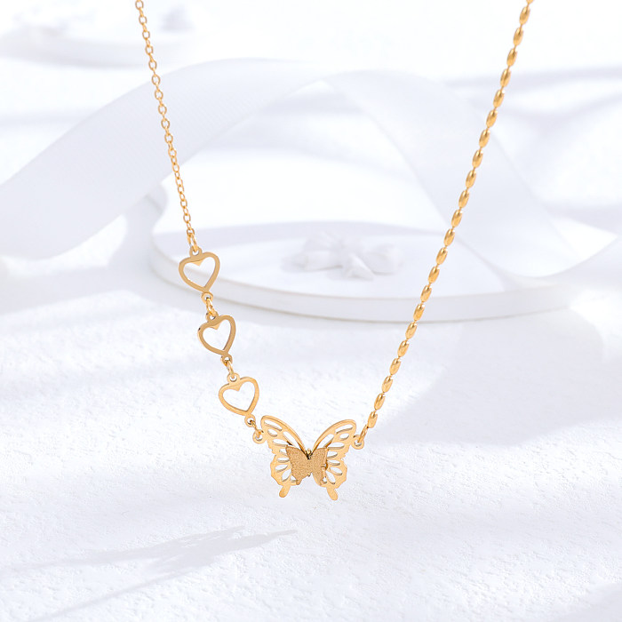 Atacado estilo vintage borla formato de coração borboleta aço inoxidável 24K colar de strass banhado a ouro