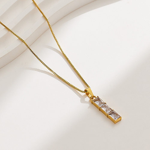 Collier pendentif rectangulaire rétro en acier inoxydable avec incrustation de Zircon