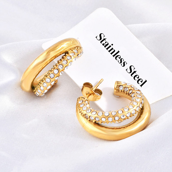 1 Pair Simple Style C Shape Plating Inlay Stainless Steel Artificial Diamond Ear Studs