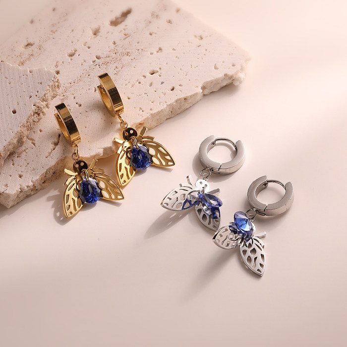 1 paire de boucles d'oreilles pendantes en acier inoxydable et Zircon plaqué or 18 carats, Style Simple, incrustation de placage d'abeille
