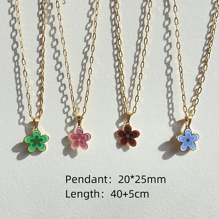 Retro Flower Stainless Steel Enamel Gold Plated Pendant Necklace 1 Piece