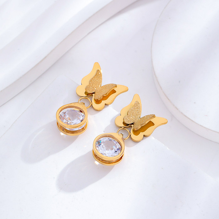 1 Paar Damen-Ohrringe im klassischen Stil mit rundem Schmetterling, Edelstahl-Beschichtung, Inlay, Zirkon, 24 Karat vergoldet