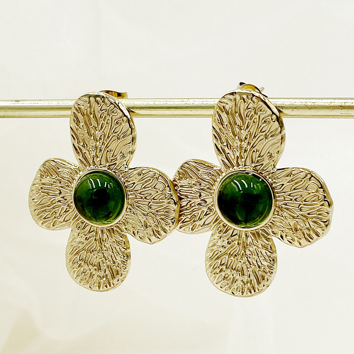 1 Paar Ohrstecker im Vintage-Stil mit Blumenbeschichtung, Edelstahl, künstliche Edelsteine, vergoldet