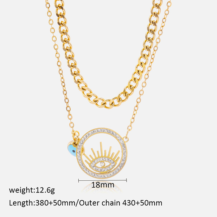 Glamouröse Teufelsauge-Edelstahl-Halsketten mit ausgehöhltem Inlay und künstlichem Diamant, 18 Karat vergoldet