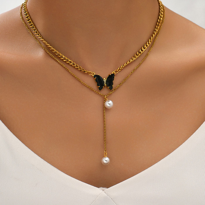 Romantische süße Schmetterlings-Edelstahl-Beschichtung, künstliche Perlen, Muschel, Zirkon, 18 Karat vergoldet, mehrschichtige Halsketten