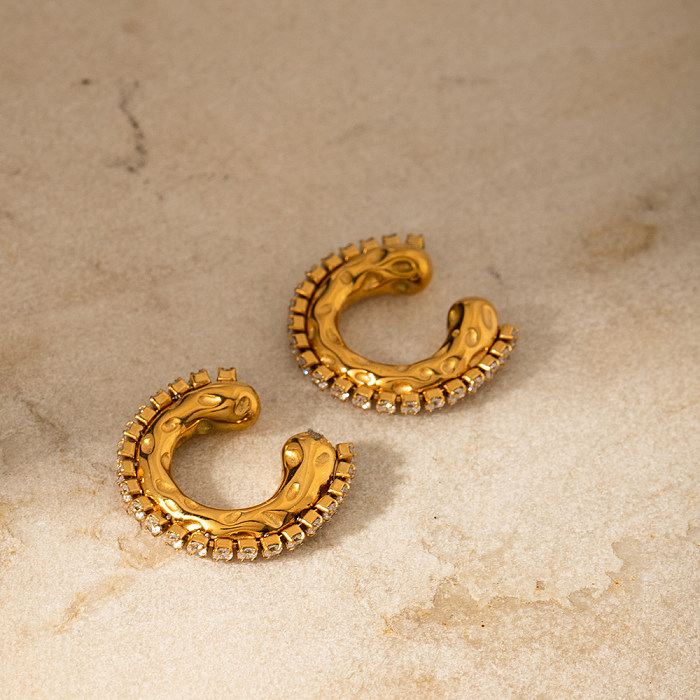 1 par de algemas de orelha banhadas a ouro 18K, estilo vintage, estilo simples, formato C, incrustação de zircão de aço inoxidável