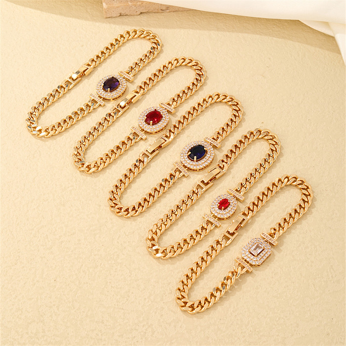 Lady Shiny Oval Stainless Steel Plating Inlay Zircon Gold Plated Bracelets