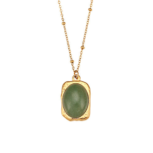 Vintage Style Oval Stainless Steel  Plating Natural Stone Pendant Necklace