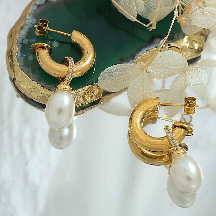 Pendientes colgantes de circonita con perlas artificiales chapados en acero inoxidable geométricos de estilo vintage 1 par
