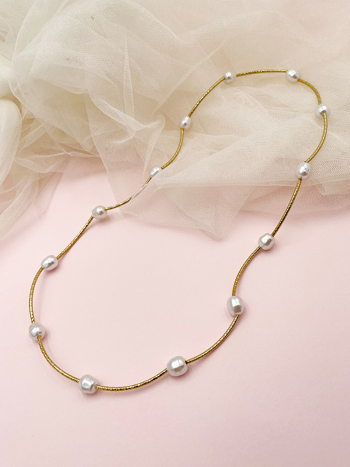 Collier plaqué or, style Simple et élégant, polissage irrégulier en acier inoxydable, placage de perles