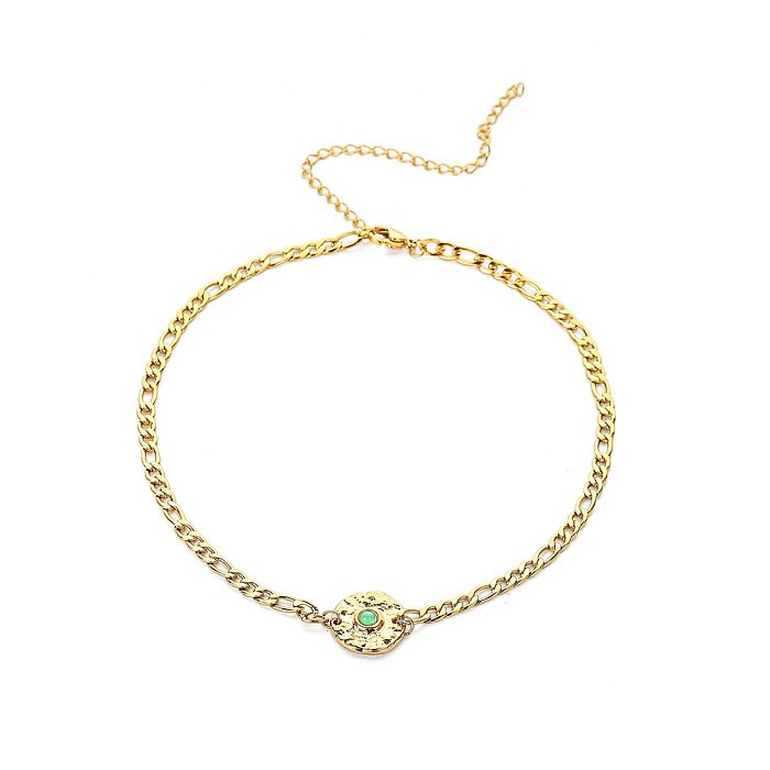 Retro Round Stainless Steel  Plating Inlay Artificial Gemstones 18K Gold Plated Choker