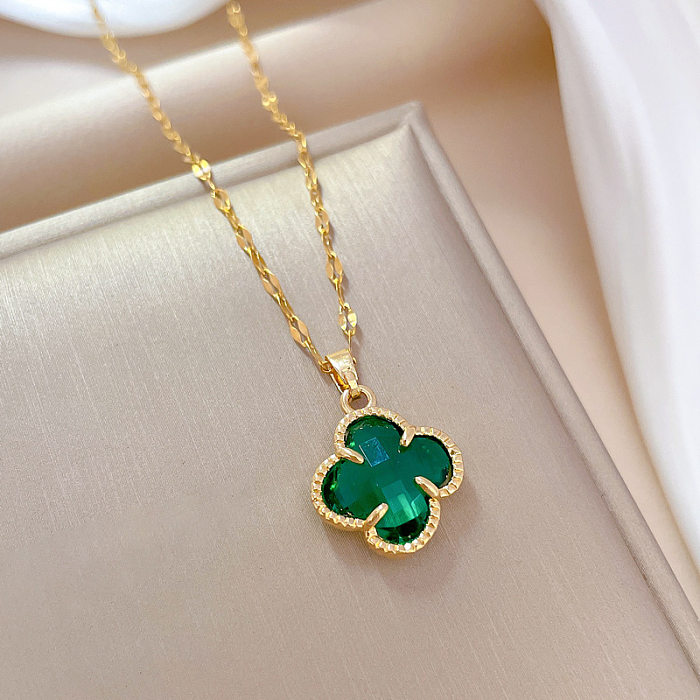 Vintage Style Flower Stainless Steel Plating Inlay Artificial Gemstones Gold Plated Pendant Necklace