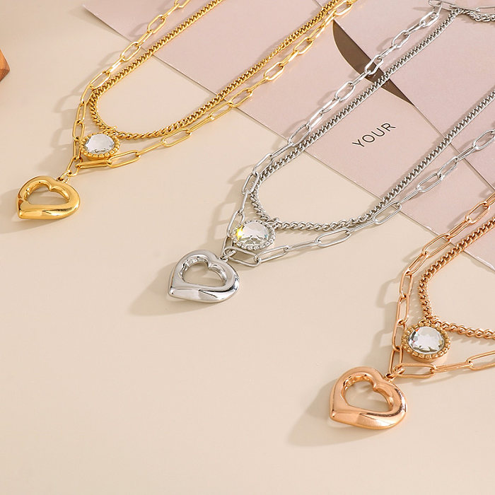 Streetwear Heart Shape Stainless Steel  Plating Inlay Glass Gold Plated Layered Necklaces