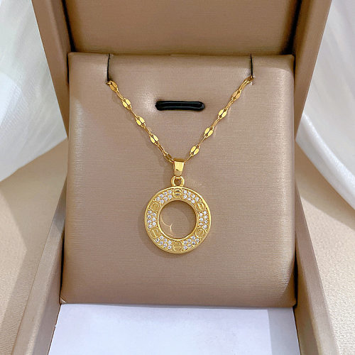 Simple Style Round Stainless Steel Copper Plating Inlay Rhinestones Pendant Necklace